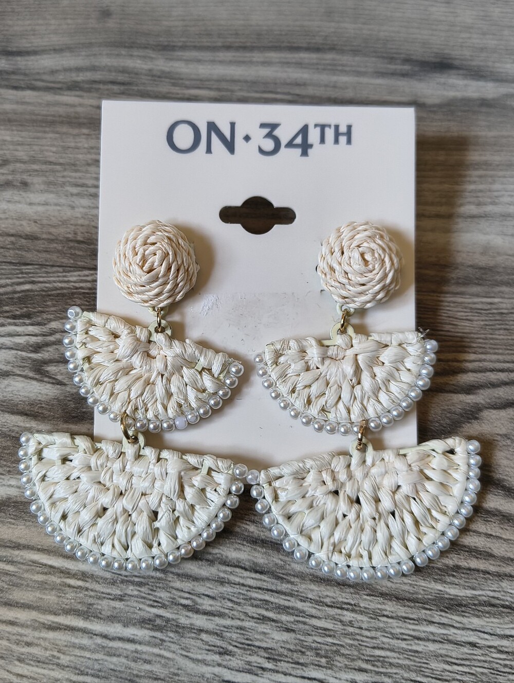 On 34th Gold-Tone Stone Bead & Woven Raffia Drop Earrings